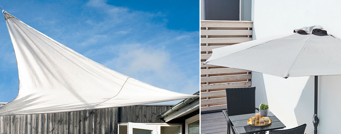 Два різних варіанти створення тіні на терасі – тент та парасоля