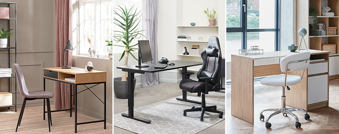 Три види письмових столів та офісних стільців