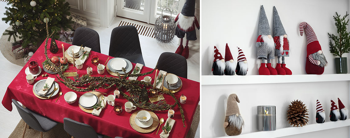 Обідній стіл, прикрашений до Різдва декоративною ялинкою та ельфами