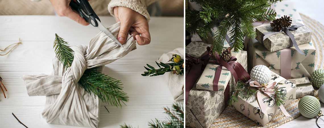 Різдвяні подарунки загорнуті в тканину та обгортковий папір з переробленої сировини