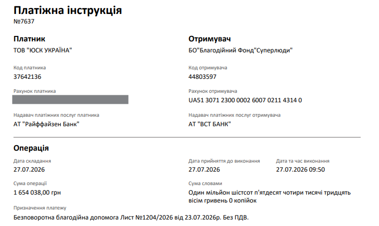 Платіжна інструкція по переказу коштів в БФ Суперлюди