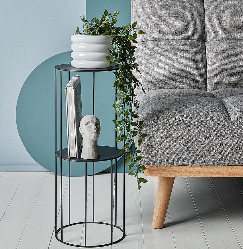 Pedestal PELLE with TORRE ornament and TORALF plant pot with artificial plant OLIVER Pedestal with ornament and plant pot with artificial plant