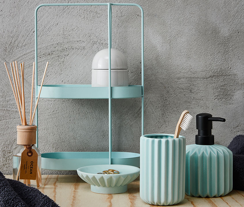 SULVIK shelf with ALBY storage jar, LAGAN toothbrush holder, LAGAN soap dispenser and ALVILDE scented oil Bathroom shelving unit with storage jar, toothbrush holder, soap dispenser and scented oil in a bathroom