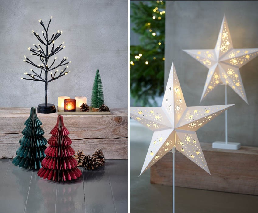 Прикраси у вигляді ялинок, дерево-гірлянда, новорічні свічки та різдвяна LED зірка