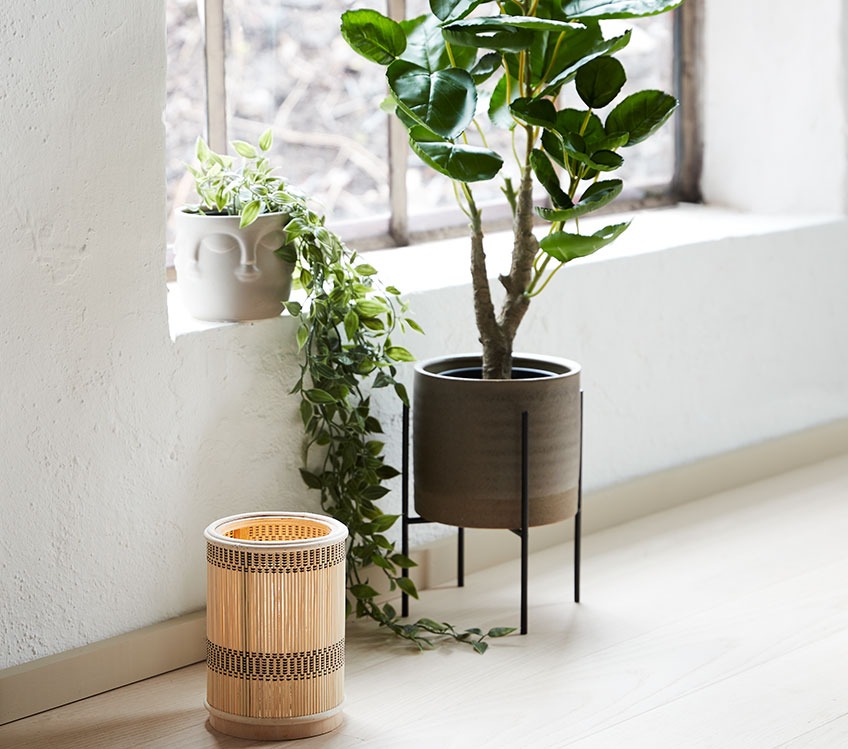 Горщик ABBAS щі штучними квітами OLIVER, лампа MINGUS та горщик MANDRUPз рослинами ARVID Plant pots with artificial plants and battery lamp by a window