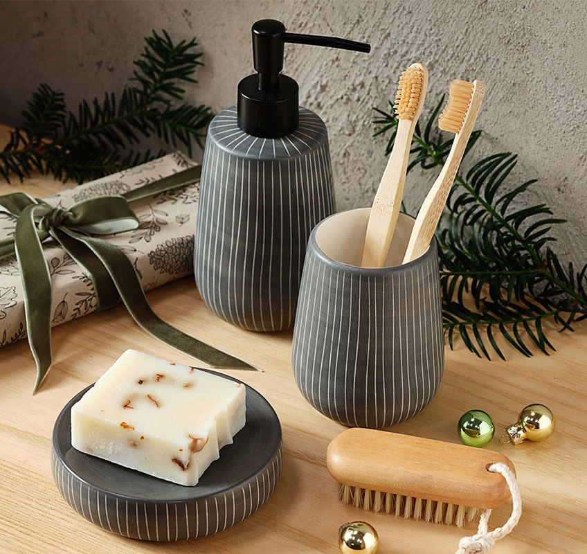 HASSELA soap dish, toothbrush holder and soap dispenser Grey soap dish, toothbrush holder and soap dispenser with white stripes